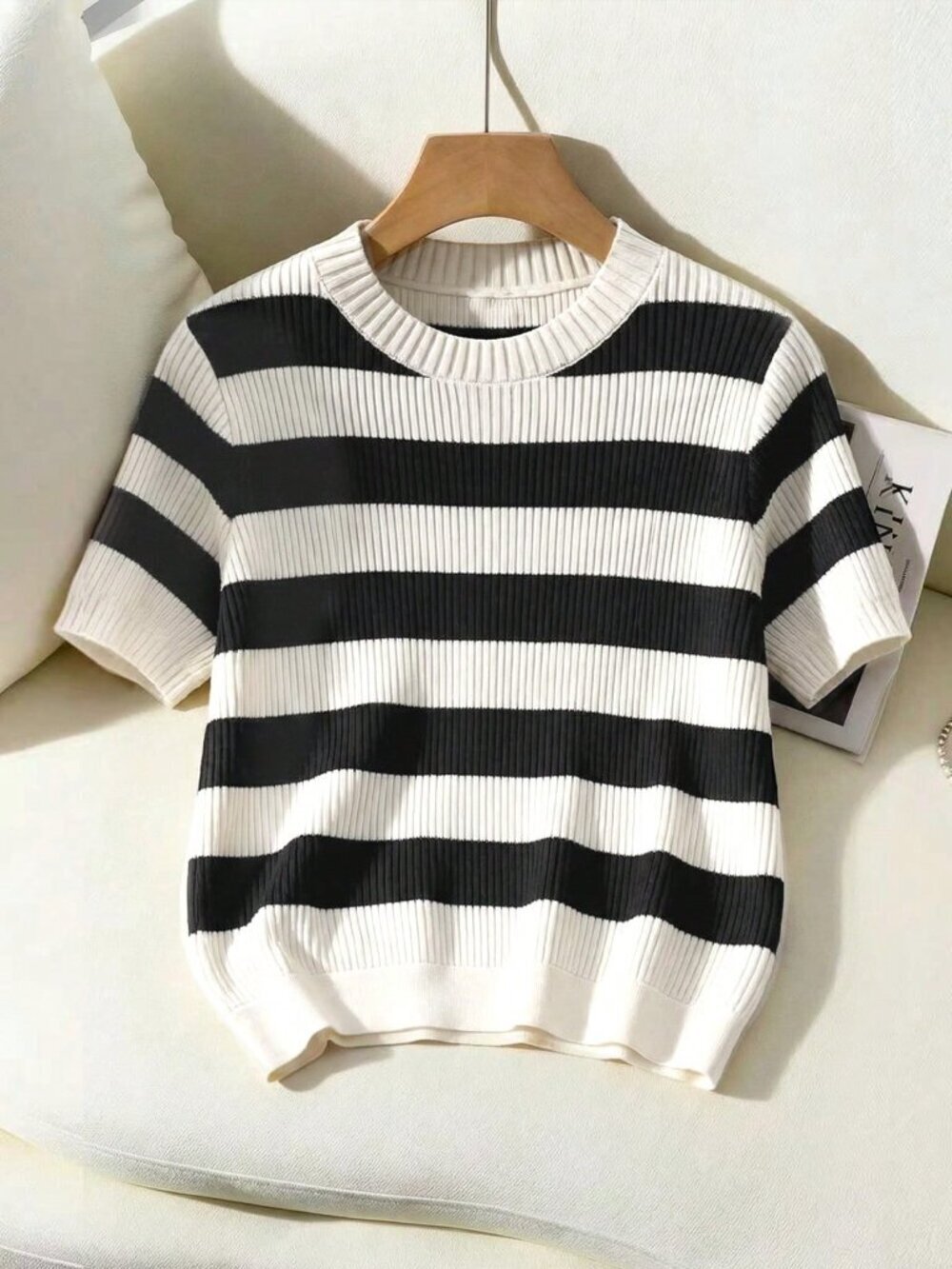 Black Casual Women's Elegant Round Neck Striped Tie-Up Hollow-Out Knit Top